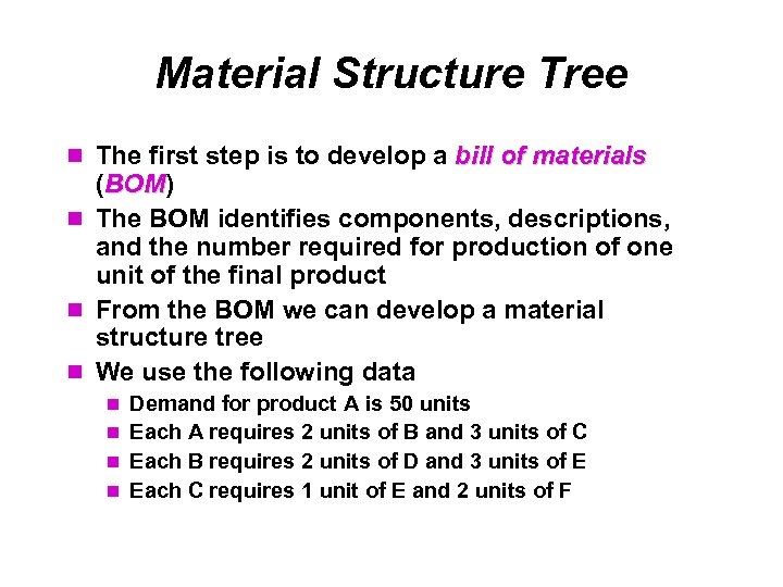 Material Structure Tree The first step is to develop a bill of materials (BOM)