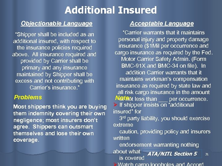 Additional Insured Objectionable Language “Shipper shall be included as an additional insured, with respect