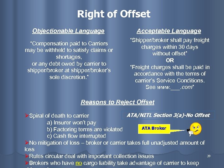 Right of Offset Objectionable Language “Compensation paid to Carriers may be withheld to satisfy