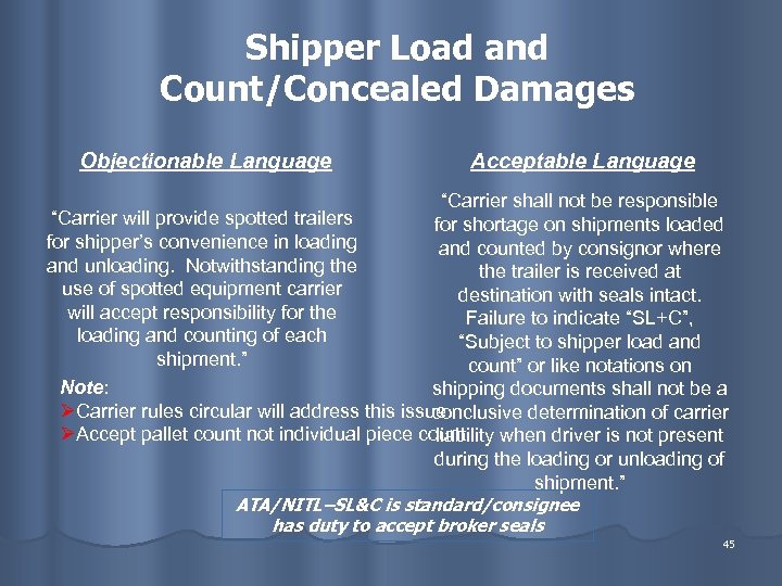 Shipper Load and Count/Concealed Damages Objectionable Language Acceptable Language “Carrier shall not be responsible