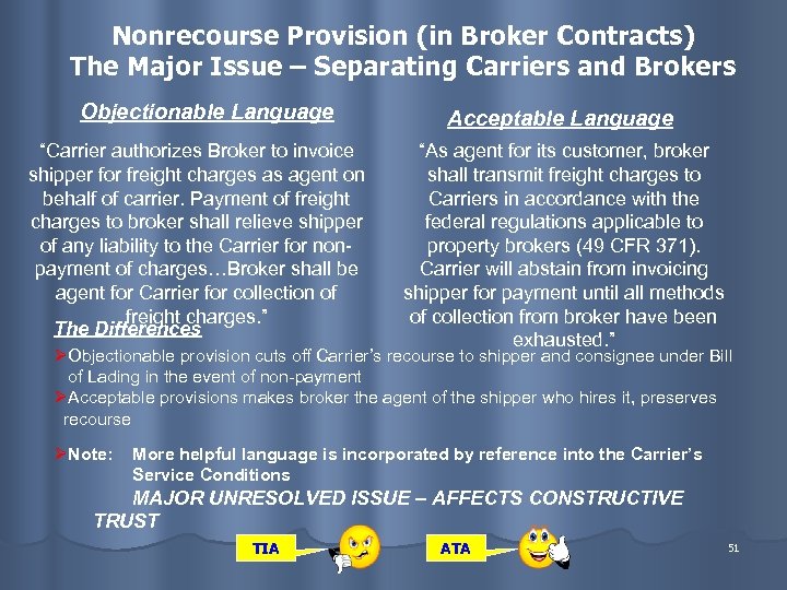 Nonrecourse Provision (in Broker Contracts) The Major Issue – Separating Carriers and Brokers Objectionable