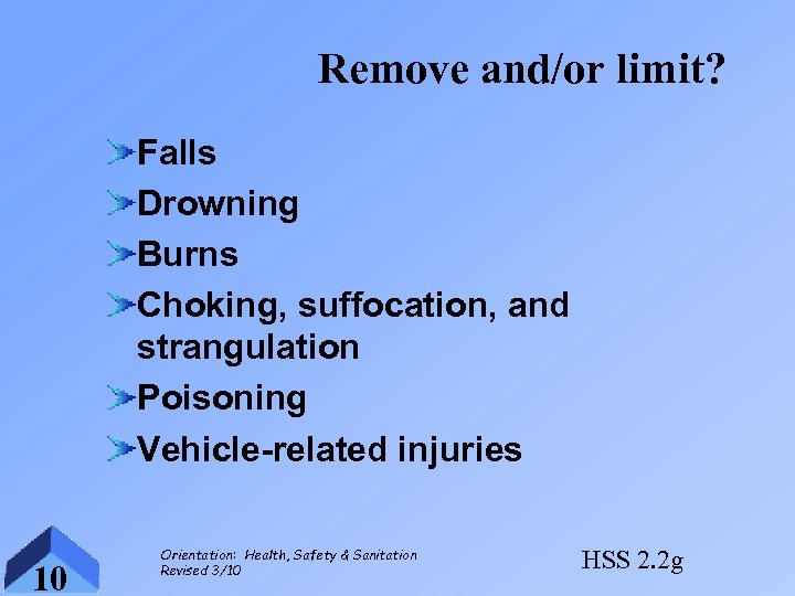 Remove and/or limit? Falls Drowning Burns Choking, suffocation, and strangulation Poisoning Vehicle-related injuries 10
