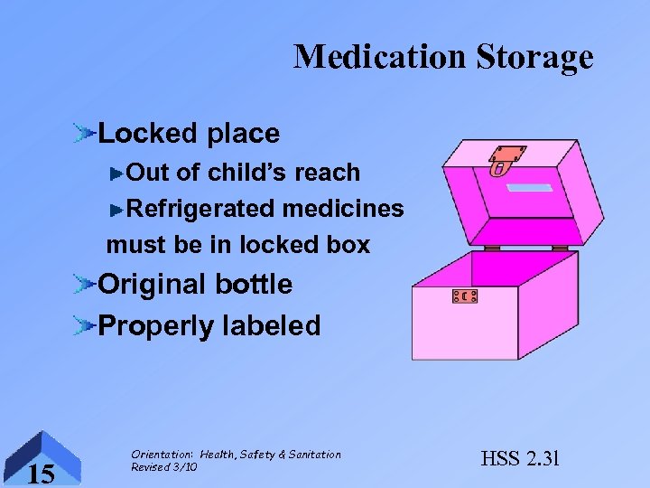 Medication Storage Locked place Out of child’s reach Refrigerated medicines must be in locked