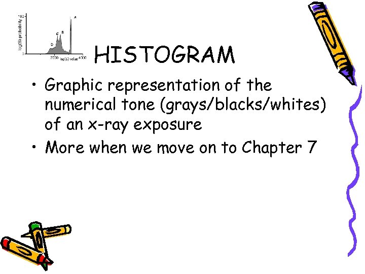 HISTOGRAM • Graphic representation of the numerical tone (grays/blacks/whites) of an x-ray exposure •