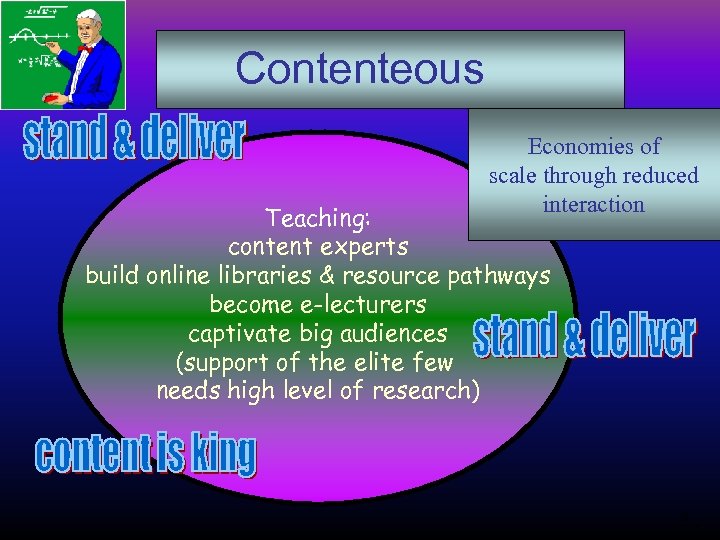 Contenteous Economies of scale through reduced interaction Teaching: content experts build online libraries &