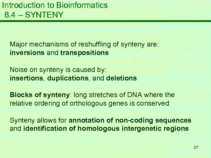 Introduction to Bioinformatics 8. 4 – SYNTENY Major mechanisms of reshuffling of synteny are: