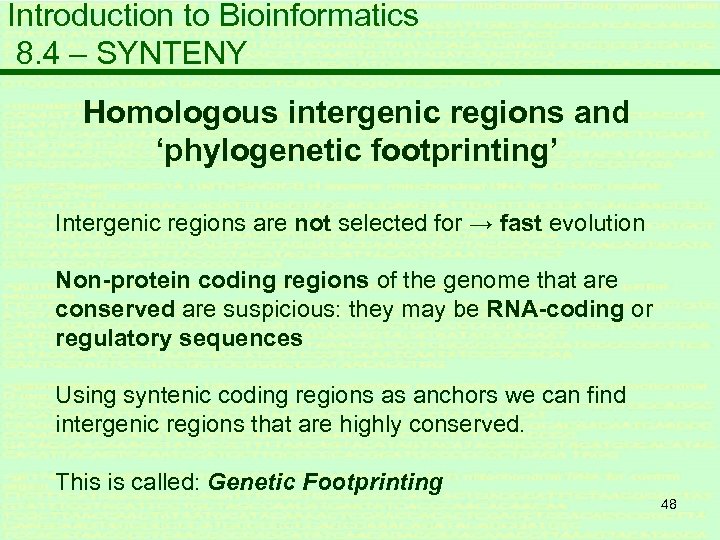 Introduction to Bioinformatics 8. 4 – SYNTENY Homologous intergenic regions and ‘phylogenetic footprinting’ Intergenic