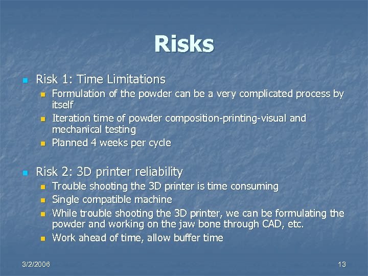 Risks n Risk 1: Time Limitations n n Formulation of the powder can be