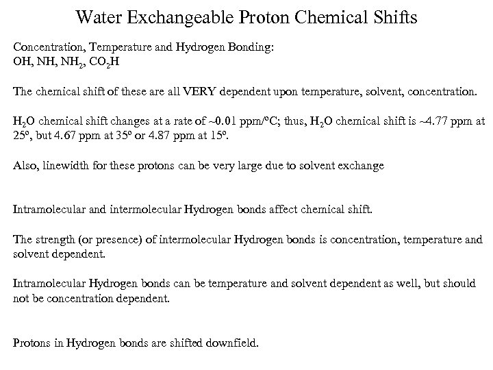 Water Exchangeable Proton Chemical Shifts Concentration, Temperature and Hydrogen Bonding: OH, NH 2, CO