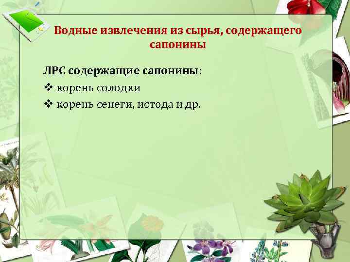 Водные извлечения из сырья, содержащего сапонины ЛРС содержащие сапонины: v корень солодки v корень