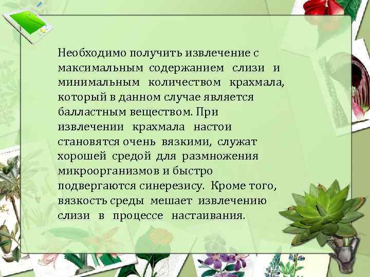 Необходимо получить извлечение с максимальным содержанием слизи и минимальным количеством крахмала, который в данном