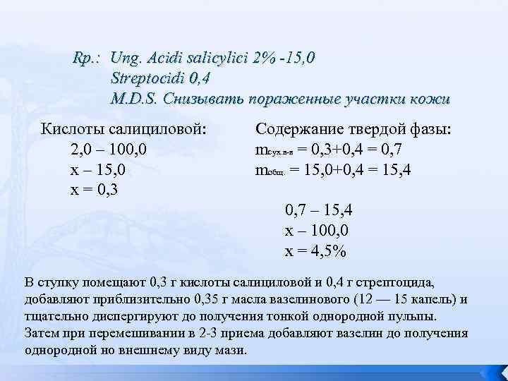 Rp. : Ung. Acidi salicylici 2% -15, 0 Streptocidi 0, 4 M. D. S.