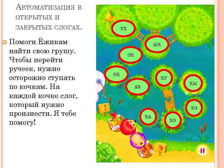 АВТОМАТИЗАЦИЯ В ОТКРЫТЫХ И ЗАКРЫТЫХ СЛОГАХ. Помоги Ёжикам найти свою грушу. Чтобы перейти ручеек,