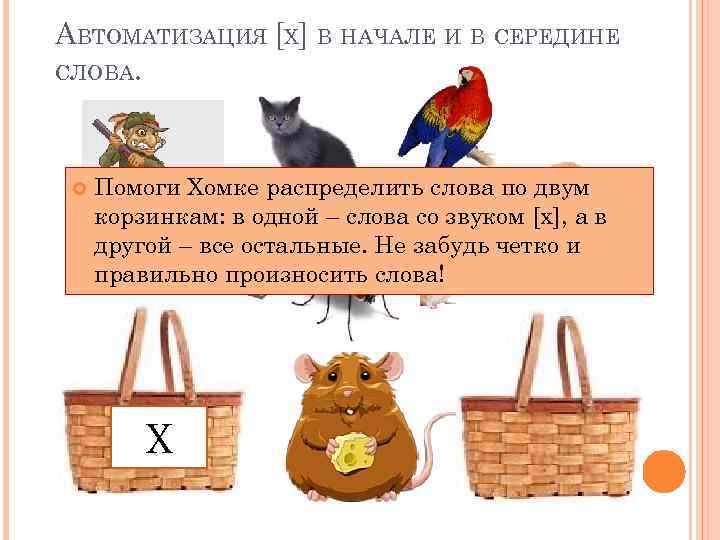 АВТОМАТИЗАЦИЯ [Х] В НАЧАЛЕ И В СЕРЕДИНЕ СЛОВА. Помоги Хомке распределить слова по двум