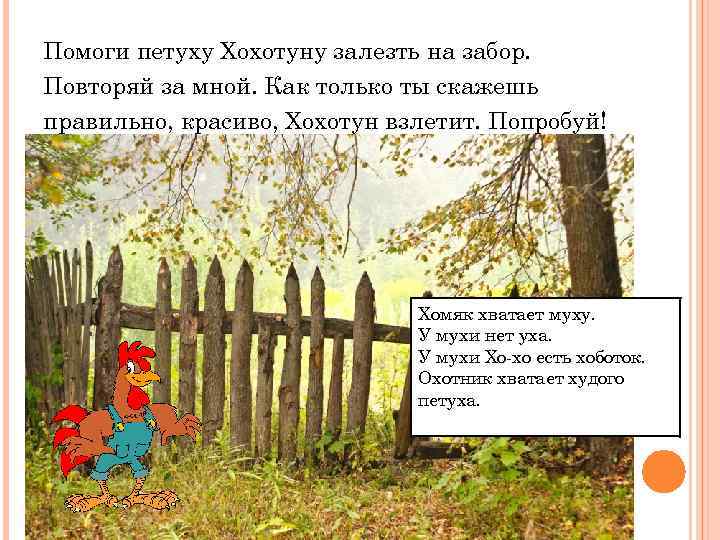 Помоги петуху Хохотуну залезть на забор. Повторяй за мной. Как только ты скажешь правильно,