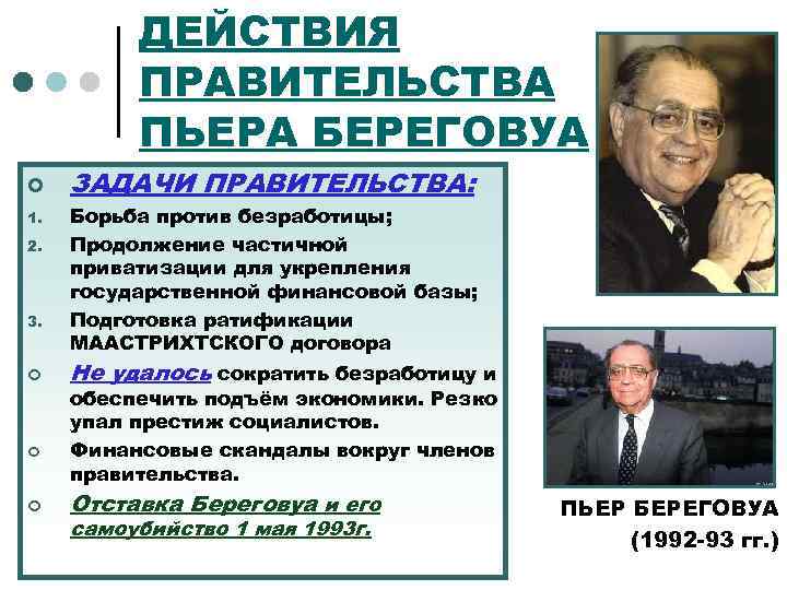 ДЕЙСТВИЯ ПРАВИТЕЛЬСТВА ПЬЕРА БЕРЕГОВУА ¢ 1. 2. 3. ¢ ¢ ¢ ЗАДАЧИ ПРАВИТЕЛЬСТВА: Борьба