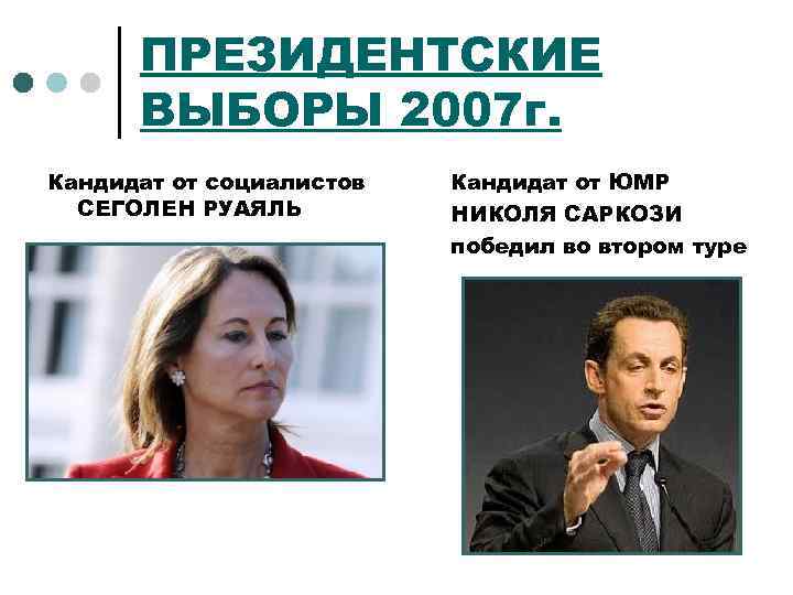 ПРЕЗИДЕНТСКИЕ ВЫБОРЫ 2007 г. Кандидат от социалистов СЕГОЛЕН РУАЯЛЬ Кандидат от ЮМР НИКОЛЯ САРКОЗИ