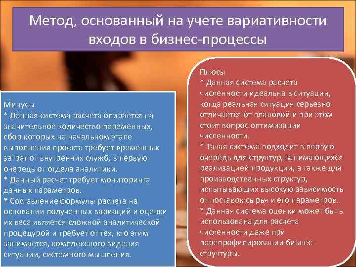 Метод, основанный на учете вариативности входов в бизнес-процессы Минусы * Данная система расчета опирается