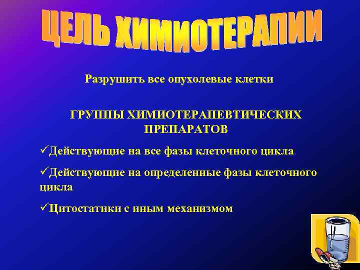 Разрушить все опухолевые клетки ГРУППЫ ХИМИОТЕРАПЕВТИЧЕСКИХ ПРЕПАРАТОВ üДействующие на все фазы клеточного цикла üДействующие