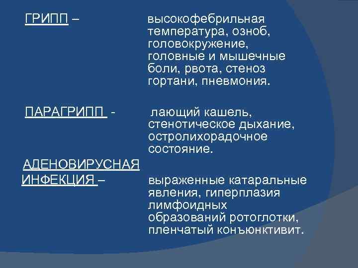 ГРИПП – высокофебрильная температура, озноб, головокружение, головные и мышечные боли, рвота, стеноз гортани, пневмония.