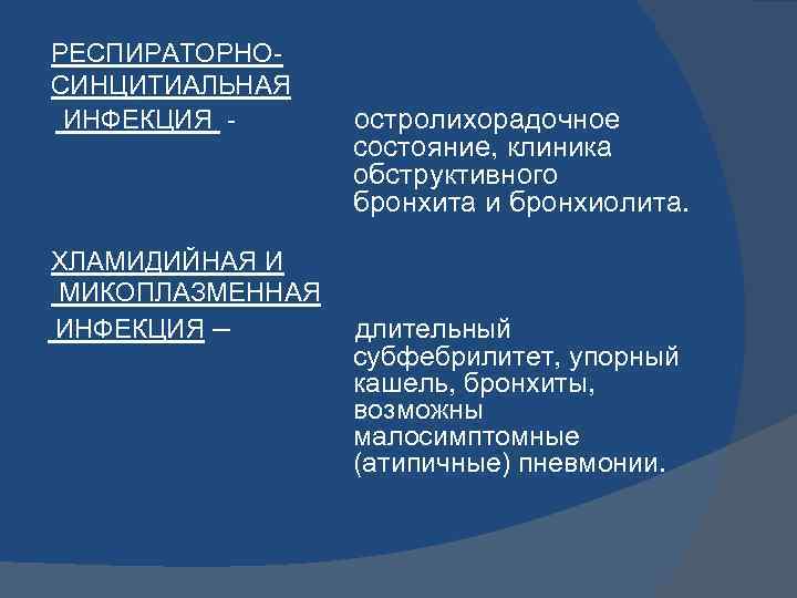 РЕСПИРАТОРНОСИНЦИТИАЛЬНАЯ ИНФЕКЦИЯ - ХЛАМИДИЙНАЯ И МИКОПЛАЗМЕННАЯ ИНФЕКЦИЯ – остролихорадочное состояние, клиника обструктивного бронхита и