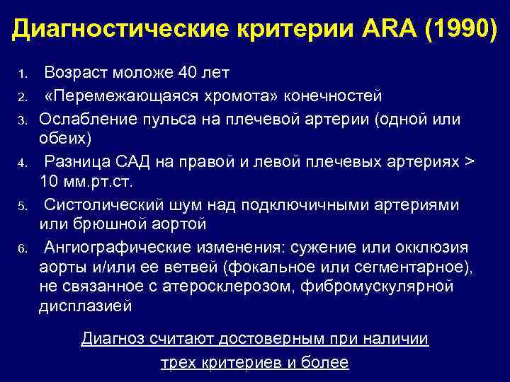 Диагностические критерии ARA (1990) 1. 2. 3. 4. 5. 6. Возраст моложе 40 лет
