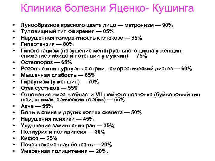 Клиника болезни Яценко Кушинга • • • • • Лунообразное красного цвета лицо —