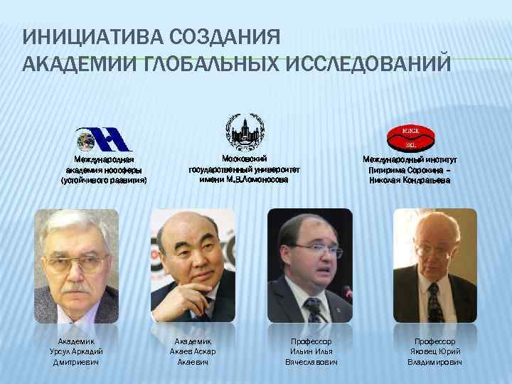 ИНИЦИАТИВА СОЗДАНИЯ АКАДЕМИИ ГЛОБАЛЬНЫХ ИССЛЕДОВАНИЙ Международная академия ноосферы (устойчивого развития) Академик Урсул Аркадий Дмитриевич