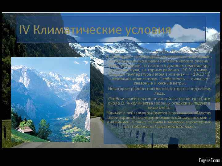 IV Климатические условия В Швейцарии преобладает континентальный климат. На Западе велико влияние Атлантического океана.
