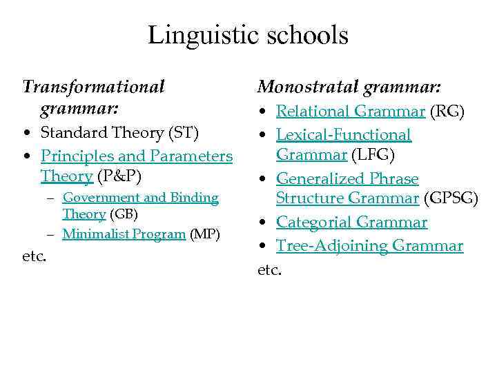 Linguistic schools Transformational grammar: • Standard Theory (ST) • Principles and Parameters Theory (P&P)