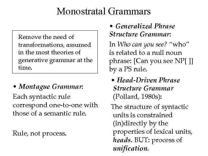 Monostratal Grammars Remove the need of transformations, assumed in the most theories of generative