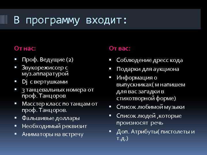В программу входит: От нас: От вас: Проф. Ведущие (2) Звукорежиссер с муз. аппаратурой