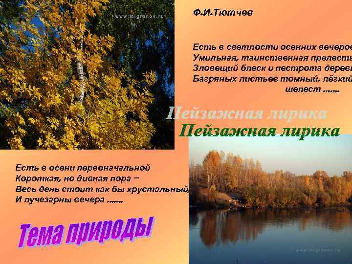 Ф. И. Тютчев Есть в светлости осенних вечеров Умильная, таинственная прелесть Зловещий блеск и