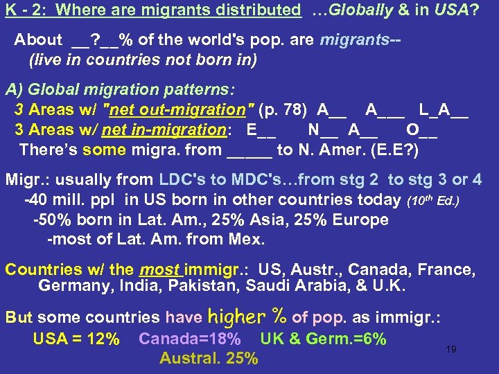 K - 2: Where are migrants distributed …Globally & in USA? About __? __%