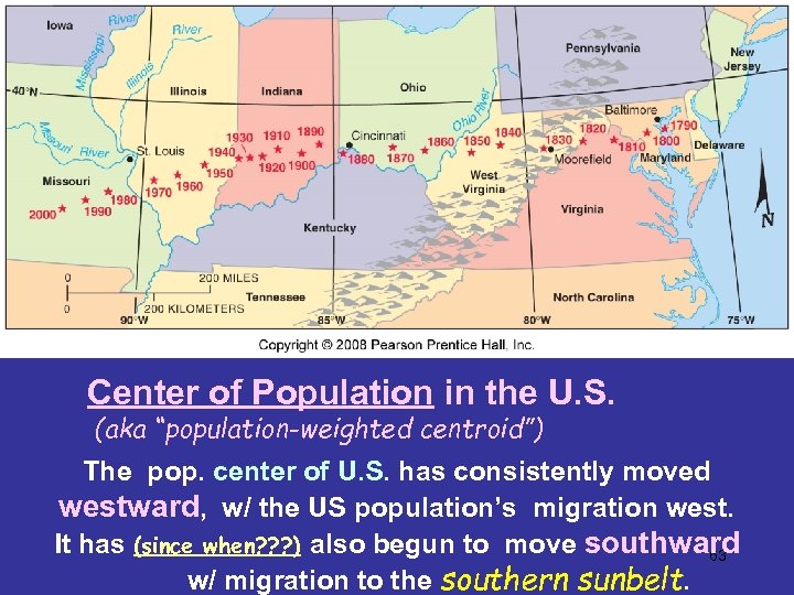 Center of Population in the U. S. (aka “population-weighted centroid”) The pop. center of
