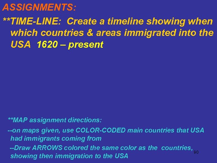 ASSIGNMENTS: **TIME-LINE: Create a timeline showing when which countries & areas immigrated into the