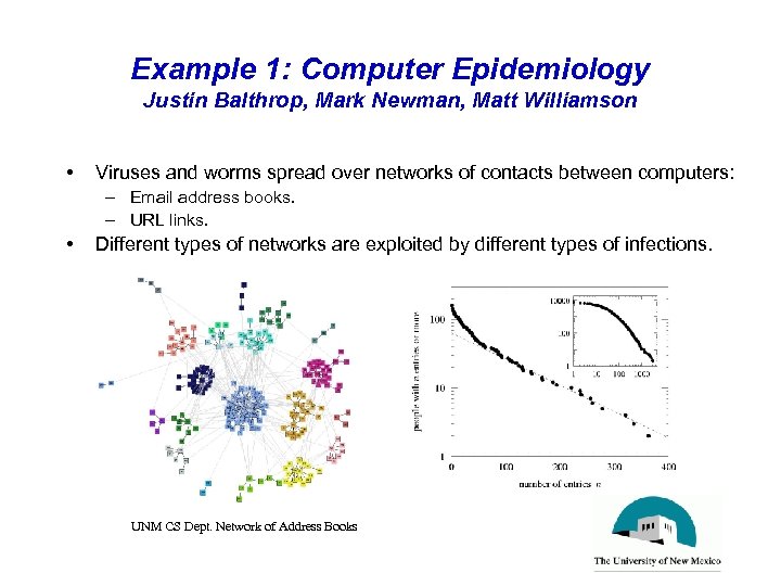 Example 1: Computer Epidemiology Justin Balthrop, Mark Newman, Matt Williamson • Viruses and worms