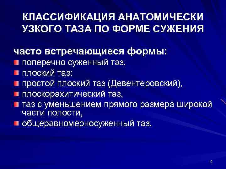 КЛАССИФИКАЦИЯ АНАТОМИЧЕСКИ УЗКОГО ТАЗА ПО ФОРМЕ СУЖЕНИЯ часто встречающиеся формы: поперечно суженный таз, плоский