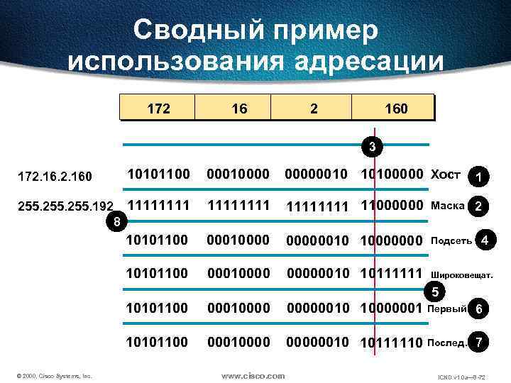 Сводный пример использования адресации 172 160 3 10101100 000100000010 10100000 Хост 255. 192 1111