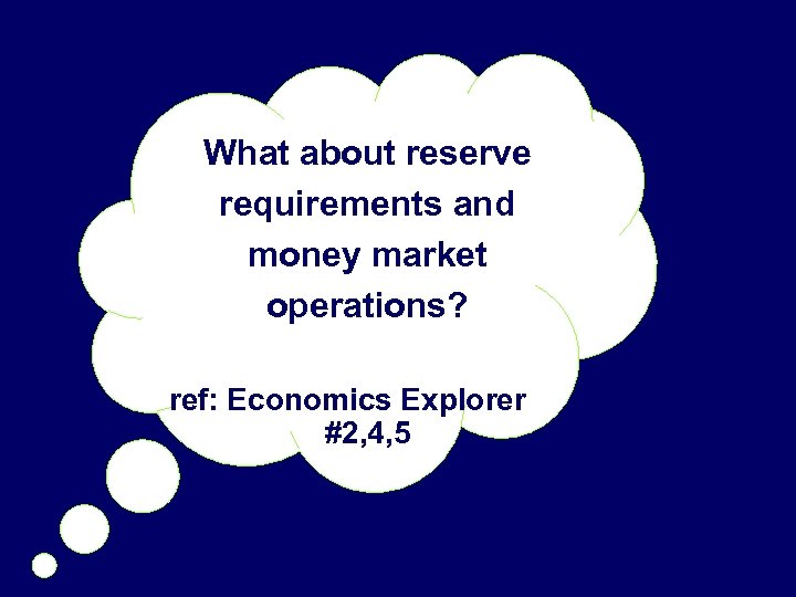 What about reserve requirements and money market operations? ref: Economics Explorer #2, 4, 5