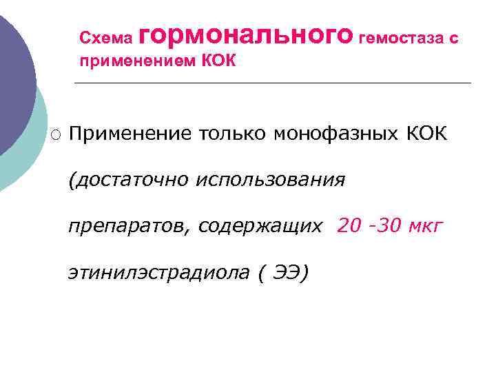 гормонального гемостаза с Схема применением КОК ¡ Применение только монофазных КОК (достаточно использования препаратов,