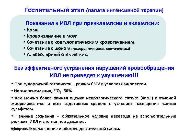 Госпитальный этап (палата интенсивной терапии) Показания к ИВЛ при преэклампсии и эклампсии: • Кома