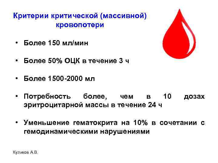 Критерии критической (массивной) кровопотери • Более 150 мл/мин • Более 50% ОЦК в течение