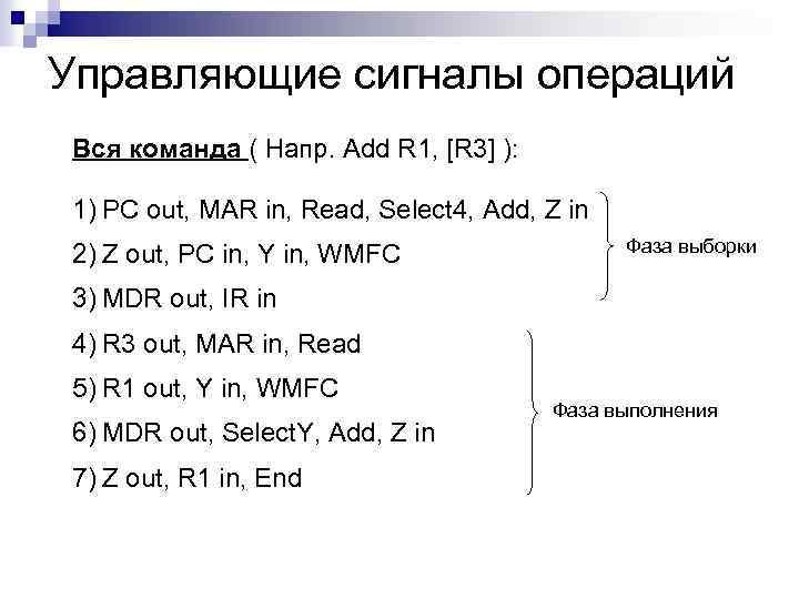 Управляющие сигналы операций Вся команда ( Напр. Add R 1, [R 3] ): 1)