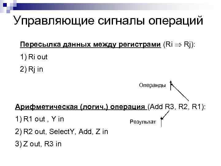 Управляющие сигналы операций Пересылка данных между регистрами (Ri Rj): 1) Ri out 2) Rj