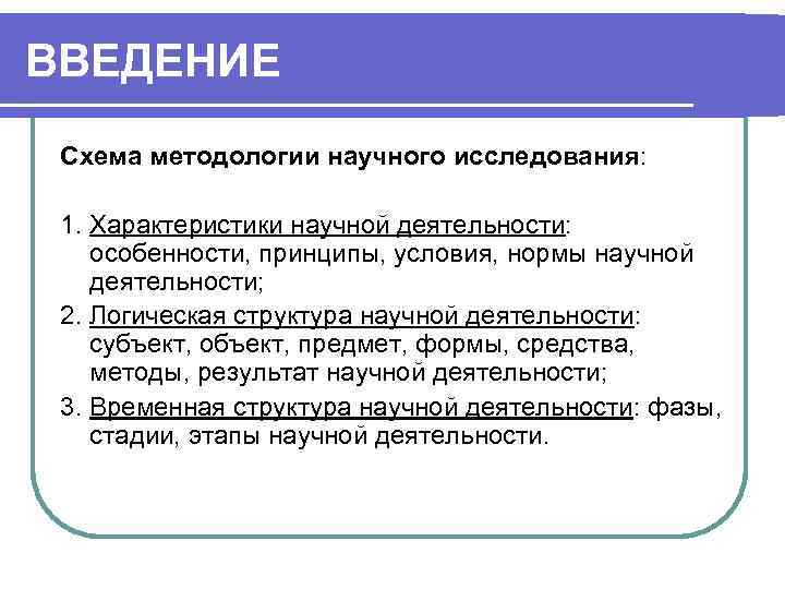 ВВЕДЕНИЕ Схема методологии научного исследования: 1. Характеристики научной деятельности: особенности, принципы, условия, нормы научной