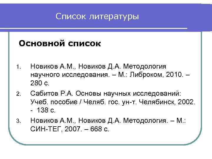 Список литературы Основной список 1. 2. 3. Новиков А. М. , Новиков Д. А.