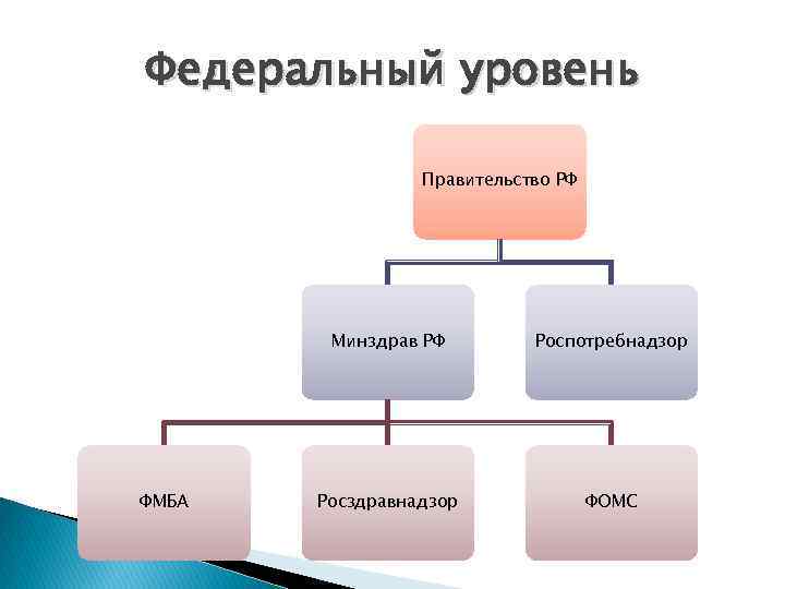 Федеральный уровень Правительство РФ Минздрав РФ ФМБА Роспотребнадзор Росздравнадзор ФОМС 