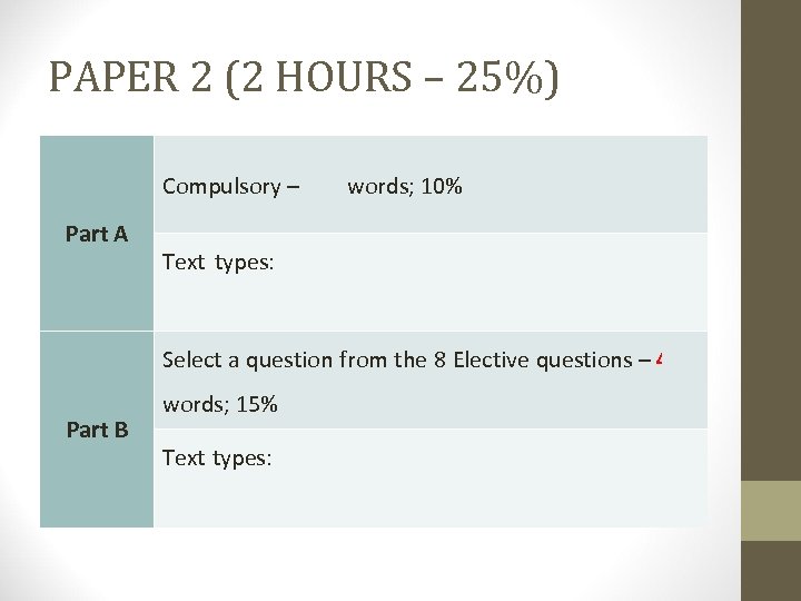 PAPER 2 (2 HOURS – 25%) Compulsory – 200 words; 10% Part A Text