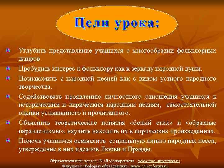 Цели урока: Углубить представление учащихся о многообразии фольклорных жанров. Пробудить интерес к фольклору как